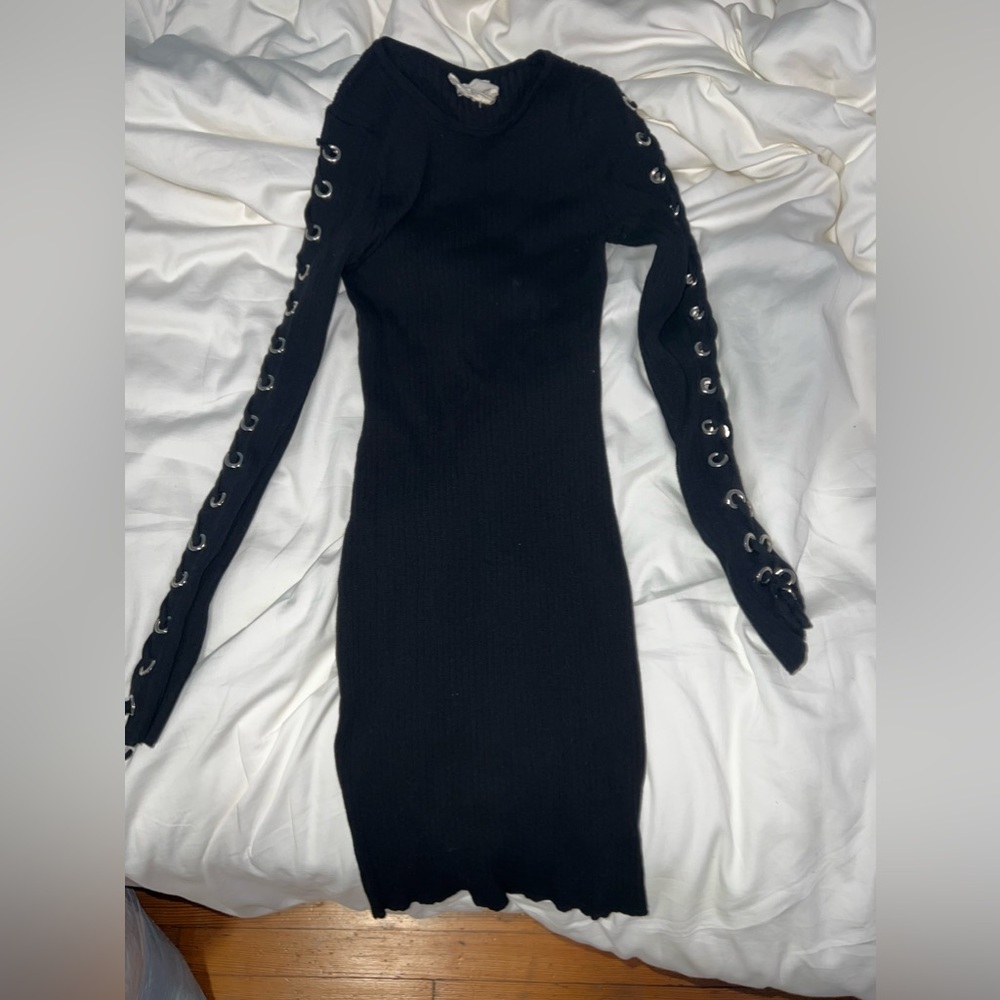 Silence+Noise: Soft, Stretchy Black Dress With Silver Tie Sleeves- SIZE: SMALL